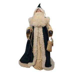 19" Folk Art Rustic Wood Santa Claus Green Robe Faux Fur Trim & Burlap Bag